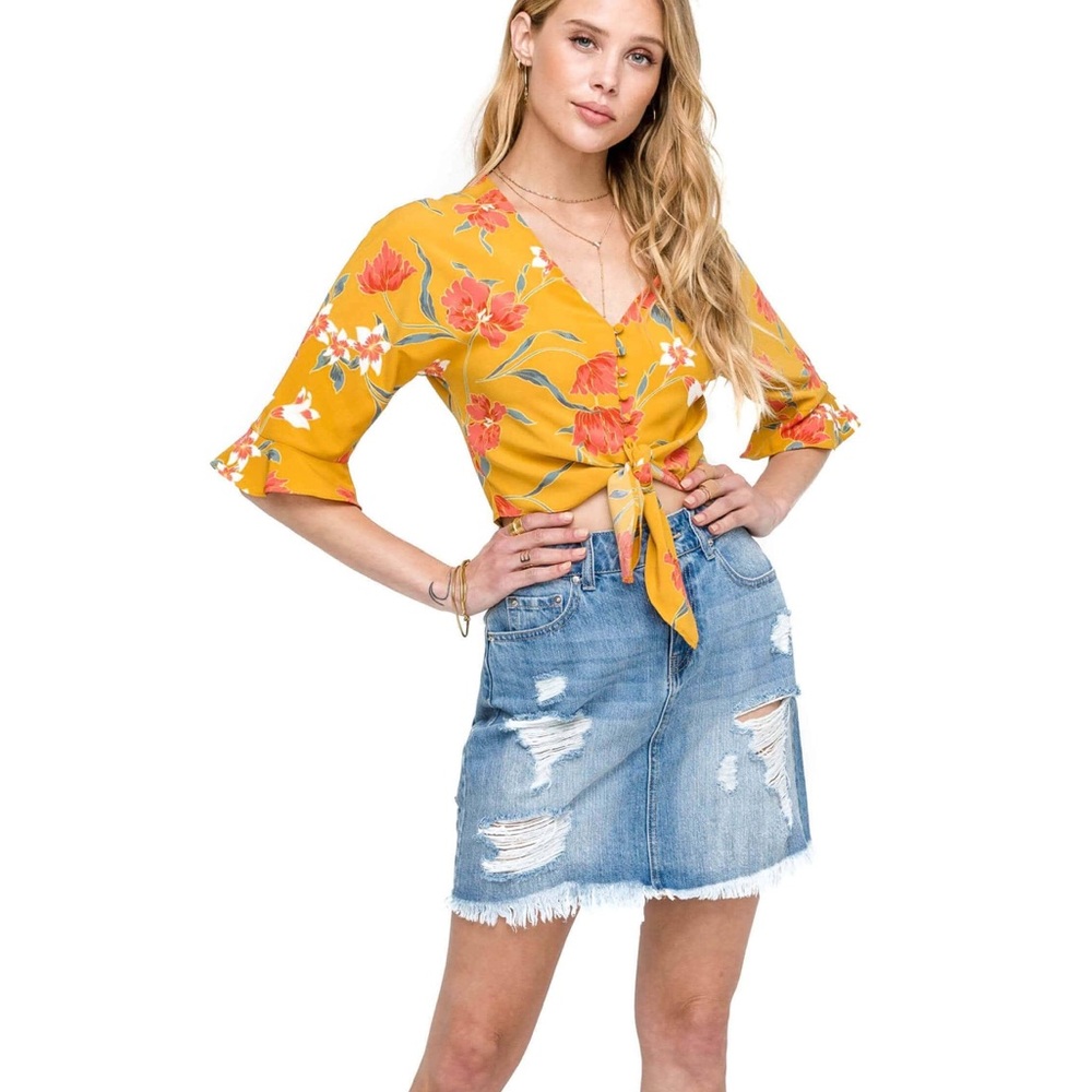 Astr Yellow Floral Tie-Front Top